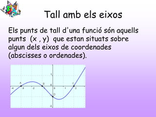 Tall amb els eixos
Els punts de tall d'una funció són aquells
punts (x , y) que estan situats sobre
algun dels eixos de coordenades
(abscisses o ordenades).
 