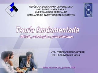 REPÚBLICA BOLIVARIANA DE VENEZUELA
UNE RAFAEL MARÍA BARALT
UNE FRANCISCO DE MIRANDA
SEMINARIO DE INVESTIGACIÓN CUALITATIVA
Dra. Ivonne Acosta Campos
Dra. Elina Marval Galvis
Santa Ana de Coro, junio de 2006
 