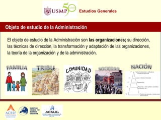 Estudios Generales 
El objeto de estudio de la Administración son las organizaciones; su dirección, las técnicas de dirección, la transformación y adaptación de las organizaciones, la teoría de la organización y de la administración. 
Objeto de estudio de la Administración  
