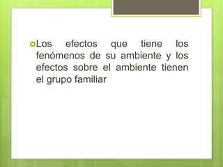 Los efectos que tiene los
fenómenos de su ambiente y los
efectos sobre el ambiente tienen
el grupo familiar
 