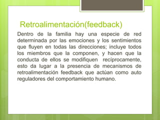 Retroalimentación(feedback)
Dentro de la familia hay una especie de red
determinada por las emociones y los sentimientos
que fluyen en todas las direcciones; incluye todos
los miembros que la componen, y hacen que la
conducta de ellos se modifiquen recíprocamente,
esto da lugar a la presencia de mecanismos de
retroalimentación feedback que actúan como auto
reguladores del comportamiento humano.
 