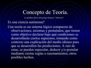 Concepto de Teoría.
La palabra deriva del griego θεωρειν, "observar"

Es una ciencia autónoma?
Una teoría es un sistema lógico compuesto de
observaciones, axiomas y postulados, que tienen
como objetivo declarar bajo qué condiciones se
desarrollarán ciertos supuestos, tomando como
contexto una explicación del medio idóneo para
que se desarrollen las predicciones. A raíz de
estas, se pueden especular, deducir y/o postular
mediante ciertas reglas o razonamientos, otros
posibles hechos.

 