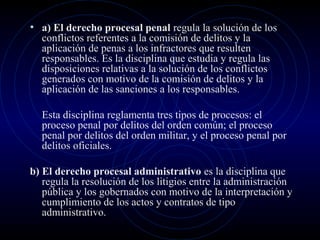 • a) El derecho procesal penal regula la solución de los
conflictos referentes a la comisión de delitos y la
aplicación de penas a los infractores que resulten
responsables. Es la disciplina que estudia y regula las
disposiciones relativas a la solución de los conflictos
generados con motivo de la comisión de delitos y la
aplicación de las sanciones a los responsables.

Esta disciplina reglamenta tres tipos de procesos: el
proceso penal por delitos del orden común; el proceso
penal por delitos del orden militar, y el proceso penal por
delitos oficiales.
b) El derecho procesal administrativo es la disciplina que
regula la resolución de los litigios entre la administración
pública y los gobernados con motivo de la interpretación y
cumplimiento de los actos y contratos de tipo
administrativo.

 