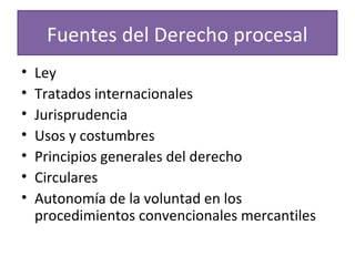 Fuentes del Derecho procesal
•
•
•
•
•
•
•

Ley
Tratados internacionales
Jurisprudencia
Usos y costumbres
Principios generales del derecho
Circulares
Autonomía de la voluntad en los
procedimientos convencionales mercantiles

 