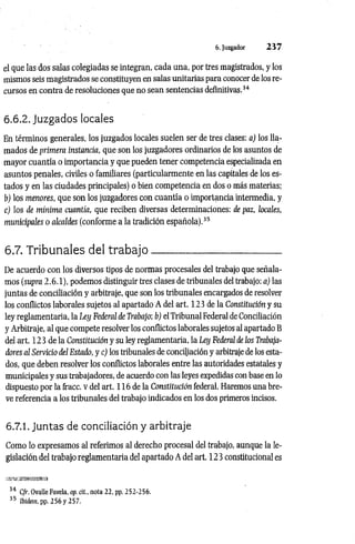 6, Juzgador 2 3 7
el que las dos salas colegiadas se integran, cada una, por tres magistrados, y los
mismos seis magistrados se constituyen en salas unitarias para conocer de los re­
cursos en contra de resoluciones que no sean sentencias definitivas.3
4
6.6.2. Juzgados locales
En términos generales, los juzgados locales suelen ser de tres clases: a) los lla­
mados de primera instancia, que son los juzgadores ordinarios de los asuntos de
mayor cuantía o importancia y que pueden tener competencia especializada en
asuntos penales, civiles o familiares (particularmente en las capitales de los es­
tados y en las ciudades principales) o bien competencia en dos o más materias;
b) los menores, que son los juzgadores con cuantía o importancia intermedia, y
c) los de mínima cuantía, que reciben diversas determinaciones: de paz, locales,
municipales o alcaldes (conforme a la tradición española).3
5
6.7. Tribunales del trab ajo _________________________
De acuerdo con los diversos tipos de normas procesales del trabajo que señala­
mos (supra 2.6.1), podemos distinguir tres clases de tribunales del trabajo: a) las
juntas de conciliación y arbitraje, que son los tribunales encargados de resolver
los conflictos laborales sujetos al apartado A del art. 123 de la Constitución y su
ley reglamentaria, la Ley Federal de Trabajo; b) el Tribunal Federal de Conciliación
y Arbitraje, al que compete resolver los conflictos laborales sujetos al apartado B
del art. 123 de la Constitución y su ley reglamentaria, la Ley Federal de los Trabaja­
dores al Servicio del Estado, y e) los tribunales de conciliación y arbitraje de los esta­
dos, que deben resolver los conflictos laborales entre las autoridades estatales y
municipales y sus trabajadores, de acuerdo con las leyes expedidas con base en lo
dispuesto por la fracc. v del art. 116 de la Constitución federal. Haremos una bre­
ve referencia a los tribunales del trabajo indicados en los dos primeros incisos.
6.7.1. Juntas de conciliación y arbitraje
Como lo expresamos al referimos al derecho procesal del trabajo, aunque la le­
gislación del trabajo reglamentaria del apartado A del art. 123 constitucional es
34 C/r. OvaUe Favela, op. cit., nota 22, pp. 252-256.
35 Ibidem, pp. 256 y 257.
 
