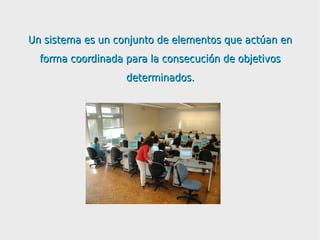 Un sistema es un conjunto de elementos que actúan en
  forma coordinada para la consecución de objetivos
                   determinados.
 