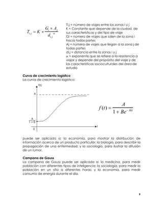 Gi × A j
Ti, j = K ×
di, j α

Ti,j = número de viajes entre las zonas i y j
K = Constante que depende de la ciudad, de
sus características y del tipo de viaje
Gi = número de viajes que salen de la zona i
hacia todas partes
Aj = número de viajes que llegan a la zona j de
todas partes
di,j = distancia entre la zonas i y j
α = exponente que se refiere a la resistencia a
viajar y depende del propósito del viaje y de
las características socioculturales del área de
estudio

Curva de crecimiento logístico
La curva de crecimiento logístico:

f (t) =

A
1 + Be − Akt

puede ser aplicada a: la economía, para mostrar la distribución de
información acerca de un producto particular; la biología, para describir la
propagación de una enfermedad; y la sociología, para ilustrar la difusión
de un rumor.
Campana de Gauss
La campana de Gauss puede ser aplicada a: la medicina, para medir
población con diferentes tipos de inteligencia; la sociología, para medir la
población en un sitio a diferentes horas; y la economía, para medir
consumo de energía durante el día.

9

 