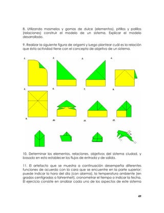 8. Utilizando masmelos y gomas de dulce (elementos), pitillos y palillos
(relaciones) construir el modelo de un sistema. Explicar el modelo
desarrollado.
9. Realizar la siguiente figura de origami y luego plantear cuál es la relación
que ésta actividad tiene con el concepto de objetivo de un sistema.

10. Determinar los elementos, relaciones, objetivos del sistema ciudad, y
basado en esto establecer los flujos de entrada y de salida.
11. El artefacto que se muestra a continuación desempeña diferentes
funciones de acuerdo con la cara que se encuentre en la parte superior;
puede indicar la hora del día (con alarma), la temperatura ambiente (en
grados centígrados o fahrenheit), cronometrar el tiempo o indicar la fecha.
El ejercicio consiste en analizar cada uno de los aspectos de este sistema

49

 