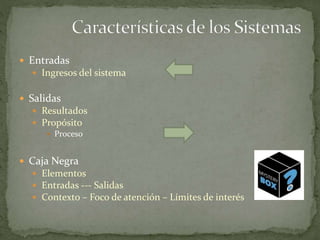  Entradas
 Ingresos del sistema
 Salidas
 Resultados
 Propósito
 Proceso
 Caja Negra
 Elementos
 Entradas --- Salidas
 Contexto – Foco de atención – Límites de interés
 
