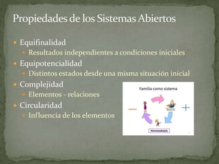  Equifinalidad
 Resultados independientes a condiciones iniciales
 Equipotencialidad
 Distintos estados desde una misma situación inicial
 Complejidad
 Elementos - relaciones
 Circularidad
 Influencia de los elementos
 