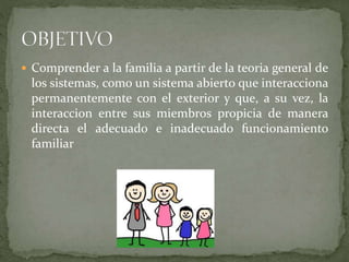  Comprender a la familia a partir de la teoria general de
los sistemas, como un sistema abierto que interacciona
permanentemente con el exterior y que, a su vez, la
interaccion entre sus miembros propicia de manera
directa el adecuado e inadecuado funcionamiento
familiar
 