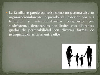  La familia se puede concebir como un sistema abierto
organizacionalmente, separado del exterior por sus
fronteras y estructuralmente compuesto por
susbsistemas demarcados por limites con diferentes
grados de permeabilidad con diversas formas de
jerarquización interna entre ellos
 