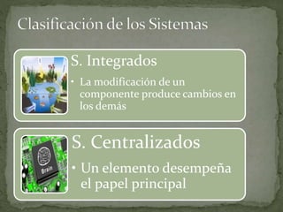 S. Integrados
• La modificación de un
componente produce cambios en
los demás
S. Centralizados
• Un elemento desempeña
el papel principal
 