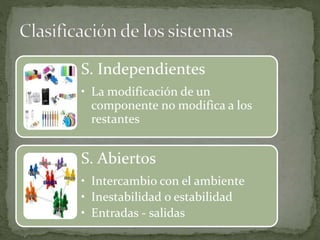 S. Independientes
• La modificación de un
componente no modifica a los
restantes
S. Abiertos
• Intercambio con el ambiente
• Inestabilidad o estabilidad
• Entradas - salidas
 
