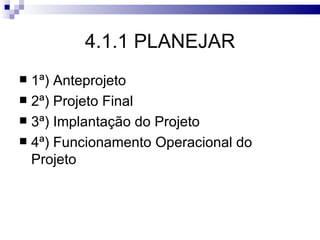 4.1.1 PLANEJAR
 1ª) Anteprojeto
 2ª) Projeto Final
 3ª) Implantação do Projeto
 4ª) Funcionamento Operacional do
  Projeto
 