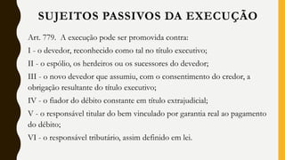 Art. 779. A execução pode ser promovida contra:
I - o devedor, reconhecido como tal no título executivo;
II - o espólio, os herdeiros ou os sucessores do devedor;
III - o novo devedor que assumiu, com o consentimento do credor, a
obrigação resultante do título executivo;
IV - o fiador do débito constante em título extrajudicial;
V - o responsável titular do bem vinculado por garantia real ao pagamento
do débito;
VI - o responsável tributário, assim definido em lei.
SUJEITOS PASSIVOS DA EXECUÇÃO
 