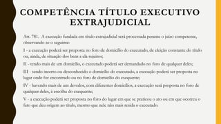 Art. 781. A execução fundada em título extrajudicial será processada perante o juízo competente,
observando-se o seguinte:
I - a execução poderá ser proposta no foro de domicílio do executado, de eleição constante do título
ou, ainda, de situação dos bens a ela sujeitos;
II - tendo mais de um domicílio, o executado poderá ser demandado no foro de qualquer deles;
III - sendo incerto ou desconhecido o domicílio do executado, a execução poderá ser proposta no
lugar onde for encontrado ou no foro de domicílio do exequente;
IV - havendo mais de um devedor, com diferentes domicílios, a execução será proposta no foro de
qualquer deles, à escolha do exequente;
V - a execução poderá ser proposta no foro do lugar em que se praticou o ato ou em que ocorreu o
fato que deu origem ao título, mesmo que nele não mais resida o executado.
COMPETÊNCIA TÍTULO EXECUTIVO
EXTRAJUDICIAL
 