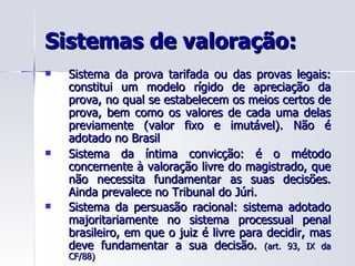 Sistemas de valoração: Sistema da prova tarifada ou das provas legais: constitui um modelo rígido de apreciação da prova, no qual se estabelecem os meios certos de prova, bem como os valores de cada uma delas previamente (valor fixo e imutável). Não é adotado no Brasil Sistema da íntima convicção: é o método concernente à valoração livre do magistrado, que não necessita fundamentar as suas decisões. Ainda prevalece no Tribunal do Júri. Sistema da persuasão racional: sistema adotado majoritariamente no sistema processual penal brasileiro, em que o juiz é livre para decidir, mas deve fundamentar a sua decisão.  (art. 93, IX da CF/88) 