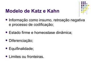 Informação como insumo, retroação negativa e processo de codificação; Estado firme e homeostase dinâmica; Diferenciação; Equifinalidade; Limites ou fronteiras. Modelo de Katz e Kahn 