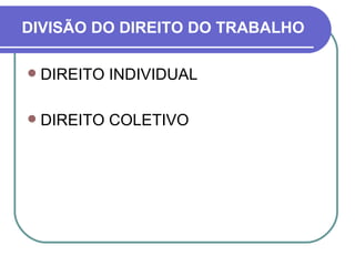 DIVISÃO DO DIREITO DO TRABALHO DIREITO INDIVIDUAL DIREITO COLETIVO  