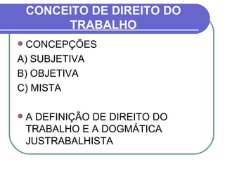 CONCEITO DE DIREITO DO TRABALHO CONCEPÇÕES A) SUBJETIVA B) OBJETIVA C) MISTA A DEFINIÇÃO DE DIREITO DO TRABALHO E A DOGMÁTICA JUSTRABALHISTA  