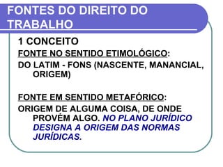 FONTES DO DIREITO DO TRABALHO 1 CONCEITO FONTE NO SENTIDO ETIMOLÓGICO : DO LATIM - FONS (NASCENTE, MANANCIAL, ORIGEM) FONTE EM SENTIDO METAFÓRICO :  ORIGEM DE ALGUMA COISA, DE ONDE PROVÉM ALGO.  NO PLANO JURÍDICO DESIGNA A ORIGEM DAS NORMAS JURÍDICAS. 