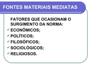 FONTES MATERIAIS MEDIATAS FATORES QUE OCASIONAM O SURGIMENTO DA NORMA: ECONÔMICOS; POLÍTICOS; FILOSÓFICOS; SOCIOLÓGICOS; RELIGIOSOS.   