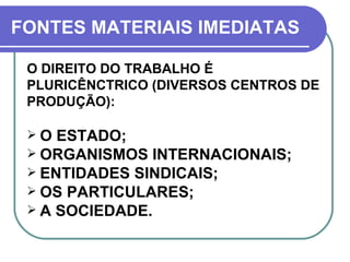 FONTES MATERIAIS IMEDIATAS O DIREITO DO TRABALHO É  PLURICÊNCTRICO (DIVERSOS CENTROS DE PRODUÇÃO): O ESTADO; ORGANISMOS INTERNACIONAIS; ENTIDADES SINDICAIS; OS PARTICULARES; A SOCIEDADE. 