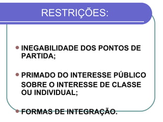 RESTRIÇÕES: INEGABILIDADE DOS PONTOS DE PARTIDA; PRIMADO DO INTERESSE PÚBLICO SOBRE O INTERESSE DE CLASSE OU INDIVIDUAL; FORMAS DE INTEGRAÇÃO. 