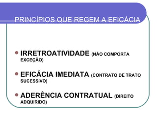 PRINCÍPIOS QUE REGEM A EFICÁCIA NO TEMPO IRRETROATIVIDADE  (NÃO COMPORTA  EXCEÇÃO) EFICÁCIA IMEDIATA  (CONTRATO DE TRATO SUCESSIVO) ADERÊNCIA CONTRATUAL  (DIREITO ADQUIRIDO)   