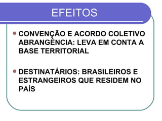 EFEITOS CONVENÇÃO E ACORDO COLETIVO ABRANGÊNCIA: LEVA EM CONTA A BASE TERRITORIAL DESTINATÁRIOS: BRASILEIROS E ESTRANGEIROS QUE RESIDEM NO PAÍS 