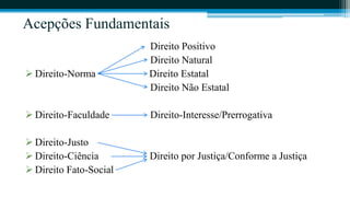 Acepções Fundamentais
                        Direito Positivo
                        Direito Natural
 Direito-Norma         Direito Estatal
                        Direito Não Estatal

 Direito-Faculdade     Direito-Interesse/Prerrogativa

 Direito-Justo
 Direito-Ciência       Direito por Justiça/Conforme a Justiça
 Direito Fato-Social
 