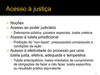    Noções
   Acesso ao poder judiciário
     Defensoria pública, juizados especiais, tutela coletiva
   Acesso à tutela jurisdicional
     Proibição do “non liquet”, pressupostos processuais e
      condições da ação
   Acesso à efetividade do processo por uma
    tutela justa, efetiva, adequada e tempestiva
     Tutela antecipatória, meios imediatos de cumprimento
      de obrigações de fazer e não fazer, tutela específica
      ou resultado prático equivalente
                                                                12
 