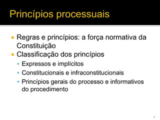    Regras e princípios: a força normativa da
    Constituição
   Classificação dos princípios
     Expressos e implícitos
     Constitucionais e infraconstitucionais
     Princípios gerais do processo e informativos
     do procedimento



                                                     3
 