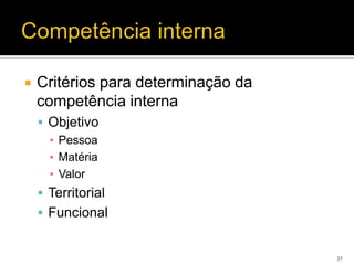    Critérios para determinação da
    competência interna
     Objetivo
      ▪ Pessoa
      ▪ Matéria
      ▪ Valor
     Territorial
     Funcional


                                     32
 