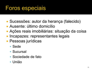    Sucessões: autor da herança (falecido)
   Ausente: último domicílio
   Ações reais imobiliárias: situação da coisa
   Incapazes: representantes legais
   Pessoas jurídicas
     Sede
     Sucursal
     Sociedade de fato
     União
                                                  35
 