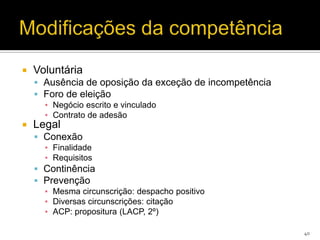    Voluntária
     Ausência de oposição da exceção de incompetência
     Foro de eleição
      ▪ Negócio escrito e vinculado
      ▪ Contrato de adesão
   Legal
     Conexão
      ▪ Finalidade
      ▪ Requisitos
     Continência
     Prevenção
      ▪ Mesma circunscrição: despacho positivo
      ▪ Diversas circunscrições: citação
      ▪ ACP: propositura (LACP, 2º)

                                                         40
 