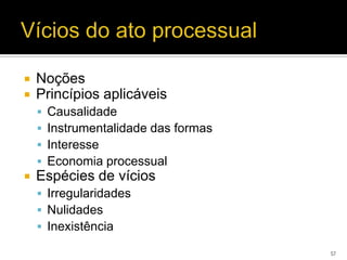    Noções
   Princípios aplicáveis
       Causalidade
       Instrumentalidade das formas
       Interesse
       Economia processual
   Espécies de vícios
     Irregularidades
     Nulidades
     Inexistência

                                       57
 