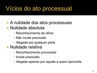    A nulidade dos atos processuais
   Nulidade absoluta
     ▪ Reconhecimento de ofício
     ▪ Não incide preclusão
     ▪ Alegada por qualquer parte
   Nulidade relativa
     ▪ Reconhecimento provocado
     ▪ Incide preclusão
     ▪ Alegada apenas por aquele a quem aproveita

                                                    58
 