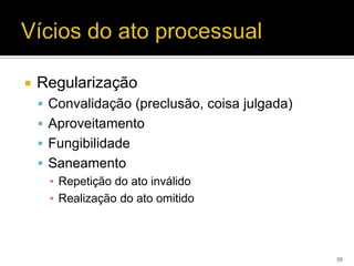    Regularização
     Convalidação (preclusão, coisa julgada)
     Aproveitamento
     Fungibilidade
     Saneamento
      ▪ Repetição do ato inválido
      ▪ Realização do ato omitido



                                                59
 