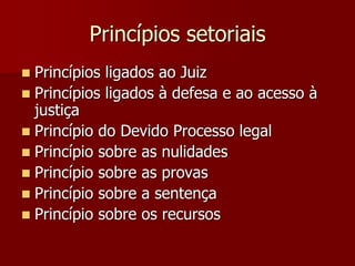 Princípios setoriais
 Princípios ligados ao Juiz
 Princípios ligados à defesa e ao acesso à
justiça
 Princípio do Devido Processo legal
 Princípio sobre as nulidades
 Princípio sobre as provas
 Princípio sobre a sentença
 Princípio sobre os recursos
 