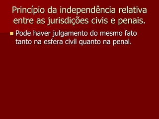 Princípio da independência relativa
entre as jurisdições civis e penais.
 Pode haver julgamento do mesmo fato
tanto na esfera civil quanto na penal.
 