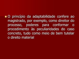  O princípio da adaptabilidade confere ao
magistrado, por exemplo, como direitor do
processo, poderes para conformar o
procedimento às peculiaridades do caso
concreto, tudo como meio de bem tutelar
o direito material
 