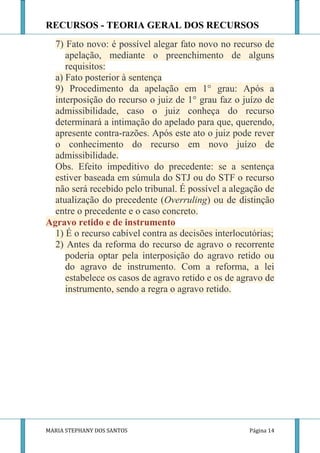 RECURSOS - TEORIA GERAL DOS RECURSOS
  7) Fato novo: é possível alegar fato novo no recurso de
     apelação, mediante o preenchimento de alguns
     requisitos:
  a) Fato posterior à sentença
  9) Procedimento da apelação em 1° grau: Após a
  interposição do recurso o juiz de 1° grau faz o juízo de
  admissibilidade, caso o juiz conheça do recurso
  determinará a intimação do apelado para que, querendo,
  apresente contra-razões. Após este ato o juiz pode rever
  o conhecimento do recurso em novo juízo de
  admissibilidade.
  Obs. Efeito impeditivo do precedente: se a sentença
  estiver baseada em súmula do STJ ou do STF o recurso
  não será recebido pelo tribunal. É possível a alegação de
  atualização do precedente (Overruling) ou de distinção
  entre o precedente e o caso concreto.
Agravo retido e de instrumento
  1) É o recurso cabível contra as decisões interlocutórias;
  2) Antes da reforma do recurso de agravo o recorrente
     poderia optar pela interposição do agravo retido ou
     do agravo de instrumento. Com a reforma, a lei
     estabelece os casos de agravo retido e os de agravo de
     instrumento, sendo a regra o agravo retido.




MARIA STEPHANY DOS SANTOS                            Página 14
 
