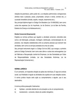 TEORIA GERAL E HISTÓRIA DO PENSAMENTO JURÍDICO                            34
                                                Prof. José E. Melhen - 1º bimestre - 2013


relações de parentesco, pátrio poder etc.), as relações patrimoniais e obrigacionais
(direitos reais e pessoais, posse, propriedade, compra e venda, contrato etc.), a
sucessão hereditária (divisão, espólio, meação, testamentos etc.).
Seu principal diploma legal é o Código Civil Brasileiro (Lei 10.406/2002), bem como
outras leis esparsas (Lei do Inquilinato, Lei do Divórcio, Lei do Bem de Família,
Estatuto da Criança e do Adolescente etc.).


Direito Comercial (Empresarial)
Engloba as normas jurídicas que regulam a atividade comercial, entendida esta
como a de fabricação, produção, montagem, distribuição, comercialização etc. de
produtos, nas relações estabelecidas entre as próprias pessoas que exercem tais
atividades, bem como os serviços prestados de umas às outras.
Seu principal instrumento legal é o Código Civil de 2002, que revogou a primeira
parte do Código Comercial, bem como este último e outras leis extravagantes (Lei
de Falências e Recuperação Judicial de Empresas, Lei das Sociedades por Cotas
de Responsabilidade Limitada, Lei das Sociedades Anônimas, Lei da
Representação Comercial etc.).




NORMA JURÍDICA
É um comando, um imperativo dirigido às ações dos indivíduos. É regra de conduta
social, sua finalidade é regular as atividades dos sujeitos em suas relações sociais.
A norma jurídica imputa certa ação ou comportamento a alguém, que é seu
destinatário.


A norma jurídica pressupõe 3 elementos:
a)      hipótese – previsão abstrata de uma situação ou de um comportamento;
b)      mandamento – comando, ditame de caráter obrigatório;
 