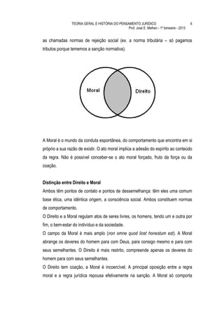TEORIA GERAL E HISTÓRIA DO PENSAMENTO JURÍDICO                              6
                                                Prof. José E. Melhen - 1º bimestre - 2013


as chamadas normas de rejeição social (ex. a norma tributária – só pagamos
tributos porque tememos a sanção normativa).




A Moral é o mundo da conduta espontânea, do comportamento que encontra em si
próprio a sua razão de existir. O ato moral implica a adesão do espírito ao conteúdo
da regra. Não é possível conceber-se o ato moral forçado, fruto da força ou da
coação.


Distinção entre Direito e Moral
Ambos têm pontos de contato e pontos de dessemelhança: têm eles uma comum
base ética, uma idêntica origem, a consciência social. Ambos constituem normas
de comportamento.
O Direito e a Moral regulam atos de seres livres, os homens, tendo um e outra por
fim, o bem-estar do indivíduo e da sociedade.
O campo da Moral é mais amplo (non omne quod licet honestum est). A Moral
abrange os deveres do homem para com Deus, para consigo mesmo e para com
seus semelhantes. O Direito é mais restrito, compreende apenas os deveres do
homem para com seus semelhantes.
O Direito tem coação, a Moral é incoercível. A principal oposição entre a regra
moral e a regra jurídica repousa efetivamente na sanção. A Moral só comporta
 