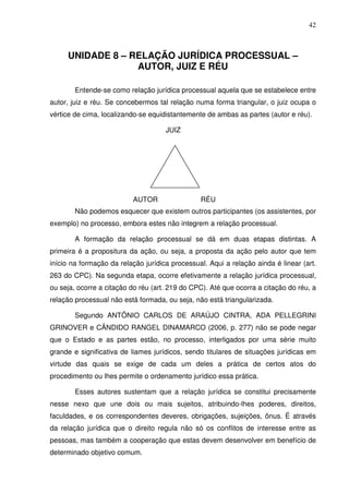 42
UNIDADE 8 – RELAÇÃO JURÍDICA PROCESSUAL –
AUTOR, JUIZ E RÉU
Entende-se como relação jurídica processual aquela que se estabelece entre
autor, juiz e réu. Se concebermos tal relação numa forma triangular, o juiz ocupa o
vértice de cima, localizando-se equidistantemente de ambas as partes (autor e réu).
JUIZ
AUTOR RÉU
Não podemos esquecer que existem outros participantes (os assistentes, por
exemplo) no processo, embora estes não integrem a relação processual.
A formação da relação processual se dá em duas etapas distintas. A
primeira é a propositura da ação, ou seja, a proposta da ação pelo autor que tem
início na formação da relação jurídica processual. Aqui a relação ainda é linear (art.
263 do CPC). Na segunda etapa, ocorre efetivamente a relação jurídica processual,
ou seja, ocorre a citação do réu (art. 219 do CPC). Até que ocorra a citação do réu, a
relação processual não está formada, ou seja, não está triangularizada.
Segundo ANTÔNIO CARLOS DE ARAÚJO CINTRA, ADA PELLEGRINI
GRINOVER e CÂNDIDO RANGEL DINAMARCO (2006, p. 277) não se pode negar
que o Estado e as partes estão, no processo, interligados por uma série muito
grande e significativa de liames jurídicos, sendo titulares de situações jurídicas em
virtude das quais se exige de cada um deles a prática de certos atos do
procedimento ou lhes permite o ordenamento jurídico essa prática.
Esses autores sustentam que a relação jurídica se constitui precisamente
nesse nexo que une dois ou mais sujeitos, atribuindo-lhes poderes, direitos,
faculdades, e os correspondentes deveres, obrigações, sujeições, ônus. É através
da relação jurídica que o direito regula não só os conflitos de interesse entre as
pessoas, mas também a cooperação que estas devem desenvolver em benefício de
determinado objetivo comum.
 