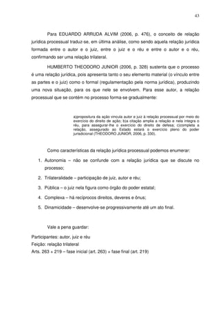 43
Para EDUARDO ARRUDA ALVIM (2006, p. 476), o conceito de relação
jurídica processual traduz-se, em última análise, como sendo aquela relação jurídica
formada entre o autor e o juiz, entre o juiz e o réu e entre o autor e o réu,
confirmando ser uma relação trilateral.
HUMBERTO THEODORO JUNIOR (2006, p. 328) sustenta que o processo
é uma relação jurídica, pois apresenta tanto o seu elemento material (o vínculo entre
as partes e o juiz) como o formal (regulamentação pela norma jurídica), produzindo
uma nova situação, para os que nele se envolvem. Para esse autor, a relação
processual que se contém no processo forma-se gradualmente:
a)propositura da ação vincula autor e juiz à relação processual por meio do
exercício do direito de ação; b)a citação amplia a relação e nela integra o
réu, para assegurar-lhe o exercício do direito de defesa; c)completa a
relação, assegurado ao Estado estará o exercício pleno do poder
jurisdicional (THEODORO JUNIOR, 2006, p. 330).
Como características da relação jurídica processual podemos enumerar:
1. Autonomia – não se confunde com a relação jurídica que se discute no
processo;
2. Trilateralidade – participação de juiz, autor e réu;
3. Pública – o juiz nela figura como órgão do poder estatal;
4. Complexa – há recíprocos direitos, deveres e ônus;
5. Dinamicidade – desenvolve-se progressivamente até um ato final.
Vale a pena guardar:
Participantes: autor, juiz e réu
Feição: relação trilateral
Arts. 263 + 219 – fase inicial (art. 263) + fase final (art. 219)
 