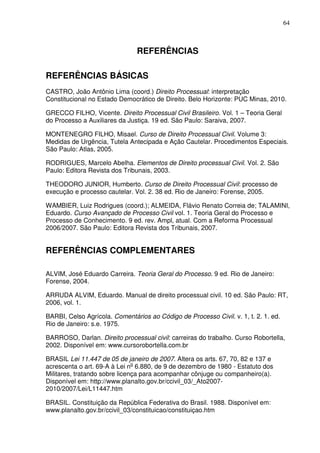 64
REFERÊNCIAS
REFERÊNCIAS BÁSICAS
CASTRO, João Antônio Lima (coord.) Direito Processual: interpretação
Constitucional no Estado Democrático de Direito. Belo Horizonte: PUC Minas, 2010.
GRECCO FILHO, Vicente. Direito Processual Civil Brasileiro. Vol. 1 – Teoria Geral
do Processo a Auxiliares da Justiça. 19 ed. São Paulo: Saraiva, 2007.
MONTENEGRO FILHO, Misael. Curso de Direito Processual Civil. Volume 3:
Medidas de Urgência, Tutela Antecipada e Ação Cautelar. Procedimentos Especiais.
São Paulo: Atlas, 2005.
RODRIGUES, Marcelo Abelha. Elementos de Direito processual Civil. Vol. 2. São
Paulo: Editora Revista dos Tribunais, 2003.
THEODORO JUNIOR, Humberto. Curso de Direito Processual Civil: processo de
execução e processo cautelar. Vol. 2. 38 ed. Rio de Janeiro: Forense, 2005.
WAMBIER, Luiz Rodrigues (coord.); ALMEIDA, Flávio Renato Correia de; TALAMINI,
Eduardo. Curso Avançado de Processo Civil vol. 1. Teoria Geral do Processo e
Processo de Conhecimento. 9 ed. rev. Ampl, atual. Com a Reforma Processual
2006/2007. São Paulo: Editora Revista dos Tribunais, 2007.
REFERÊNCIAS COMPLEMENTARES
ALVIM, José Eduardo Carreira. Teoria Geral do Processo. 9 ed. Rio de Janeiro:
Forense, 2004.
ARRUDA ALVIM, Eduardo. Manual de direito processual civil. 10 ed. São Paulo: RT,
2006, vol. 1.
BARBI, Celso Agrícola. Comentários ao Código de Processo Civil. v. 1, t. 2. 1. ed.
Rio de Janeiro: s.e. 1975.
BARROSO, Darlan. Direito processual civil: carreiras do trabalho. Curso Robortella,
2002. Disponível em: www.cursorobortella.com.br
BRASIL Lei 11.447 de 05 de janeiro de 2007. Altera os arts. 67, 70, 82 e 137 e
acrescenta o art. 69-A à Lei no
6.880, de 9 de dezembro de 1980 - Estatuto dos
Militares, tratando sobre licença para acompanhar cônjuge ou companheiro(a).
Disponível em: http://www.planalto.gov.br/ccivil_03/_Ato2007-
2010/2007/Lei/L11447.htm
BRASIL. Constituição da República Federativa do Brasil. 1988. Disponível em:
www.planalto.gov.br/ccivil_03/constituicao/constituiçao.htm
 