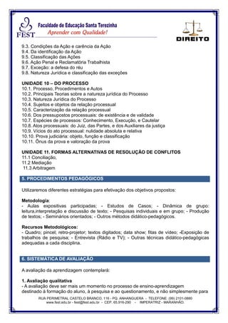 RUA PERIMETRAL CASTELO BRANCO, 116 - PQ. ANHANGUERA - TELEFONE: (99) 2101-0880
www.fest.edu.br - fest@fest.edu.br - CEP. 65.916-290 - IMPERATRIZ - MARANHÃO.
9.3. Condições da Ação e carência da Ação
9.4. Da identificação da Ação
9.5. Classificação das Ações
9.6. Ação Penal e Reclamatória Trabalhista
9.7. Exceção: a defesa do réu
9.8. Natureza Jurídica e classificação das exceções
UNIDADE 10 – DO PROCESSO
10.1. Processo, Procedimentos e Autos
10.2. Principais Teorias sobre a natureza jurídica do Processo
10.3. Natureza Jurídica do Processo
10.4. Sujeitos e objetos da relação processual
10.5. Caracterização da relação processual
10.6. Dos pressupostos processuais: de existência e de validade
10.7. Espécies de processos: Conhecimento, Execução, e Cautelar
10.8. Atos processuais: do Juiz, das Partes, e dos Auxiliares da justiça
10.9. Vícios do ato processual: nulidade absoluta e relativa
10.10. Prova judiciária: objeto, função e classificação
10.11. Ônus da prova e valoração da prova
UNIDADE 11. FORMAS ALTERNATIVAS DE RESOLUÇÃO DE CONFLITOS
11.1 Conciliação,
11.2 Mediação
11.3 Arbitragem
5. PROCEDIMENTOS PEDAGÓGICOS
Utilizaremos diferentes estratégias para efetivação dos objetivos propostos:
Metodologia:
- Aulas expositivas participadas; - Estudos de Casos; - Dinâmica de grupo:
leitura,interpretação e discussão de texto; - Pesquisas individuais e em grupo; - Produção
de textos; - Seminários orientados; - Outros métodos didático-pedagógicos.
Recursos Metodológicos:
- Quadro; pincel; retro-projetor; textos digitados; data show; fitas de vídeo; -Exposição de
trabalhos de pesquisa; - Entrevista (Rádio e TV); - Outras técnicas didático-pedagógicas
adequadas a cada disciplina.
6. SISTEMÁTICA DE AVALIAÇÃO
A avaliação da aprendizagem contemplará:
1. Avaliação qualitativa
- A avaliação deve ser mais um momento no processo de ensino-aprendizagem
destinado à formação do aluno, à pesquisa e ao questionamento, e não simplesmente para
 